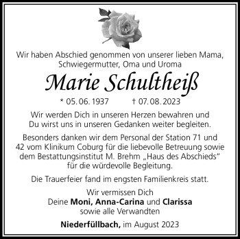 Traueranzeige von Marie Schultheiß von Neue Presse Coburg