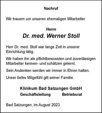Traueranzeige von Werner Stoll von Südthüringer Presse