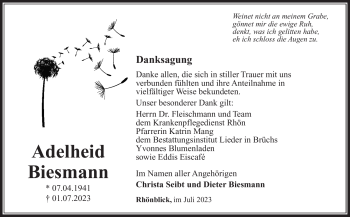 Traueranzeige von Adelheid Biesmann von Südthüringer Presse