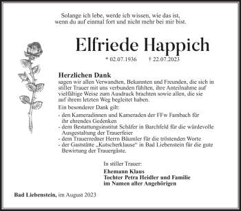 Traueranzeige von Elfriede Happich von Südthüringer Presse
