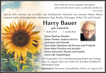 Traueranzeige von Harry Bauer von Südthüringer Presse