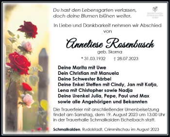 Traueranzeige von Anneliese Rosenbusch von Südthüringer Presse