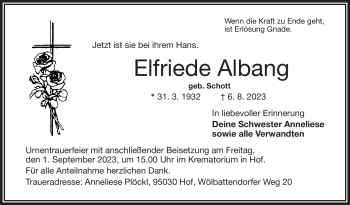 Traueranzeige von Elfriede Albang von Frankenpost