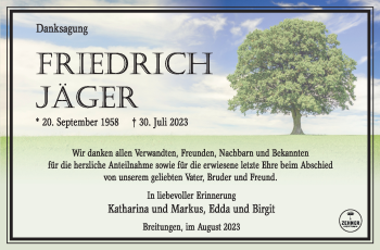 Traueranzeige von Friedrich Jäger von Südthüringer Presse