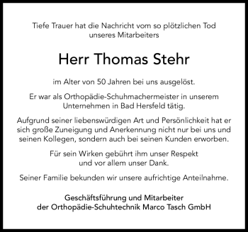 Traueranzeige von Thomas Stehr von Südthüringer Presse