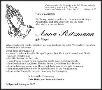 Traueranzeige von Anna Ritzmann von Südthüringer Presse