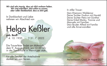 Traueranzeige von Helga Keßler von Südthüringer Presse