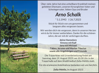 Traueranzeige von Arno Schalk von Südthüringer Presse