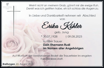 Traueranzeige von Erika Köhler von Südthüringer Presse