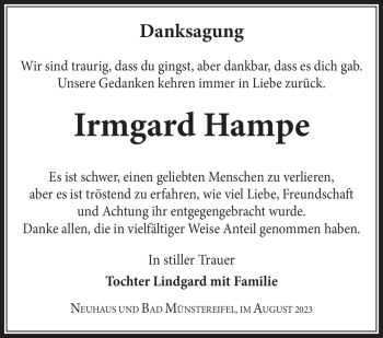 Traueranzeige von Irmgard Hampe von Südthüringer Presse
