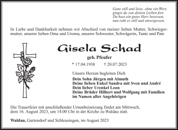 Traueranzeige von Gisela Schad von Südthüringer Presse