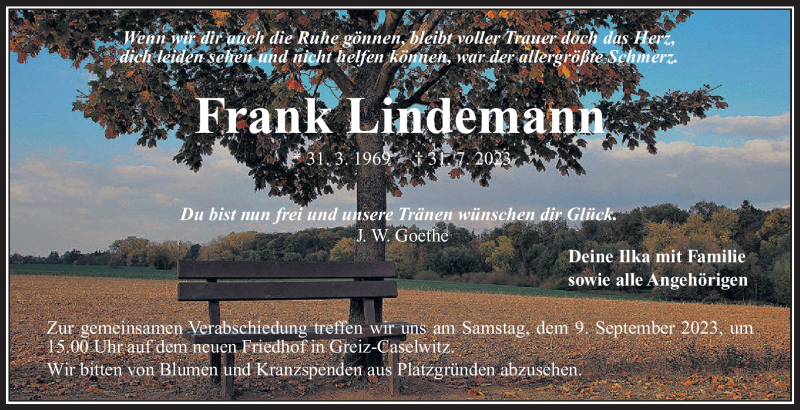  Traueranzeige für Frank Lindemann vom 08.08.2023 aus Südthüringer Presse