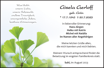 Traueranzeige von Gisela Gerloff von Südthüringer Presse
