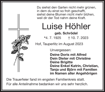 Traueranzeige von Luise Höhler von Frankenpost