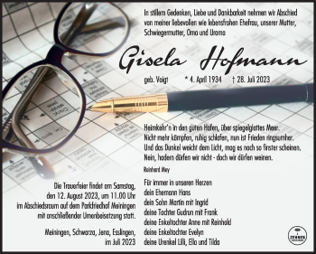 Traueranzeige von Gisela Hofmann von Südthüringer Presse