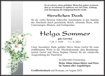 Traueranzeige von Helga Sommer von Südthüringer Presse