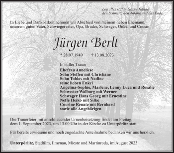 Traueranzeige von Jürgen Berlt von Südthüringer Presse