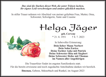 Traueranzeige von Helga Jäger von Südthüringer Presse