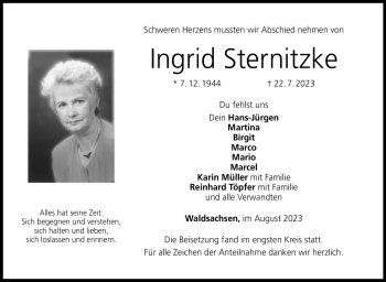 Traueranzeige von Ingrid Sternitzke von Neue Presse Coburg