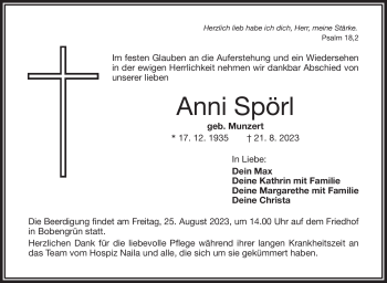 Traueranzeige von Anni Spörl von Frankenpost