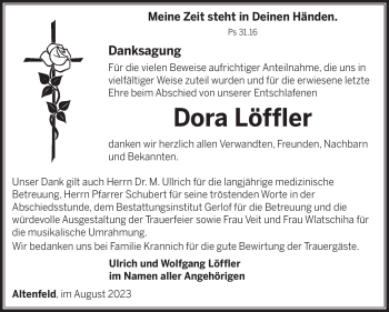 Traueranzeige von Dora Löffler von Südthüringer Presse
