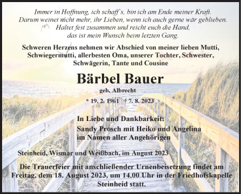 Traueranzeige von Bärbel Bauer von Südthüringer Presse