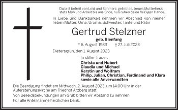 Traueranzeige von Gertrud Stelzner von Frankenpost