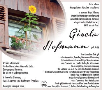 Traueranzeige von Gisela Hofmann von Südthüringer Presse