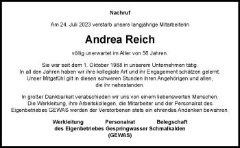 Traueranzeige von Andrea Reich von Südthüringer Presse