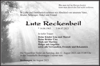 Traueranzeige von Lutz Reckenbeil von Südthüringer Presse