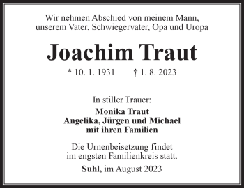 Traueranzeige von Joachim Traut von Südthüringer Presse