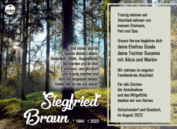 Traueranzeige von Siegfried Braun von Südthüringer Presse