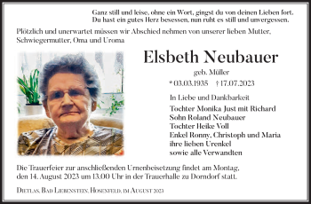 Traueranzeige von Elsbeth Neubauer von Südthüringer Presse