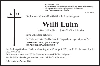 Traueranzeige von Willi Luhn von Südthüringer Presse