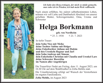 Traueranzeige von Helga Borkmann von Südthüringer Presse
