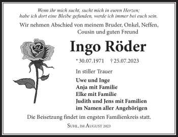 Traueranzeige von Ingo Röder von Südthüringer Presse
