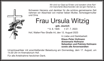 Traueranzeige von Ursula Witzig von Frankenpost