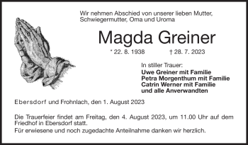 Traueranzeige von Magda Greiner von Neue Presse Coburg