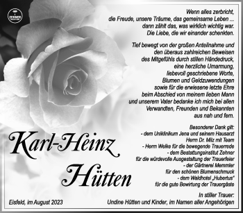 Traueranzeige von Karl-Heinz Hütten von Südthüringer Presse