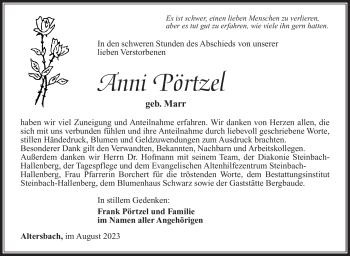Traueranzeige von Anni Pörtzel von Südthüringer Presse