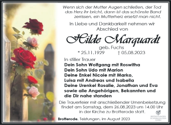 Traueranzeige von Hilde Marquardt von Südthüringer Presse