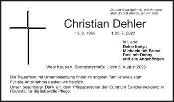 Traueranzeige von Christian Dehler von Neue Presse Coburg