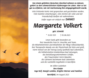Traueranzeige von Margarete Volkert von Südthüringer Presse