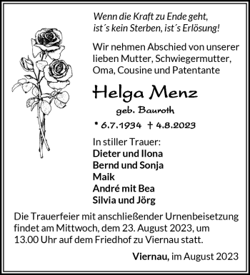 Traueranzeige von Helga Menz von Südthüringer Presse