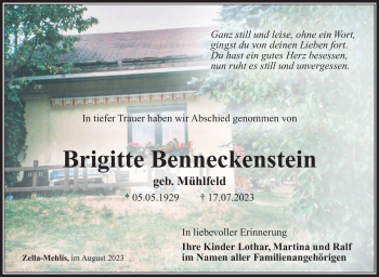 Traueranzeige von Brigitte Benneckenstein von Südthüringer Presse