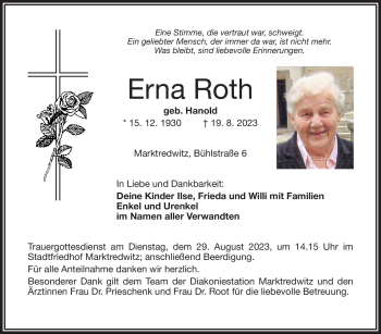 Traueranzeige von Erna Roth von Frankenpost
