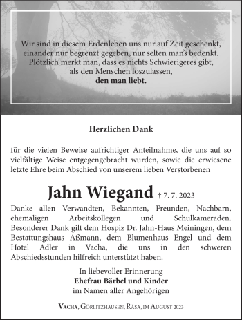 Traueranzeige von Jahn Wiegand von Südthüringer Presse