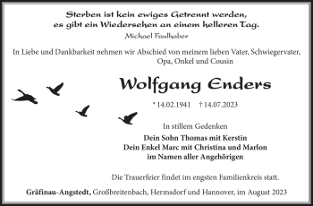 Traueranzeige von Wolfgang Enders von Südthüringer Presse