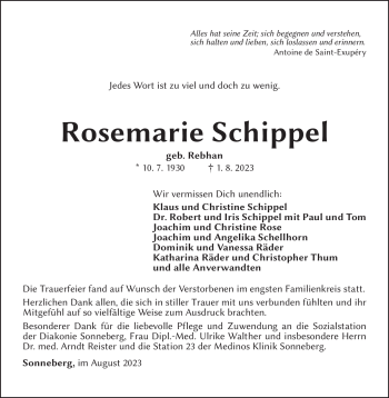 Traueranzeige von Rosemarie Schippel von Südthüringer Presse