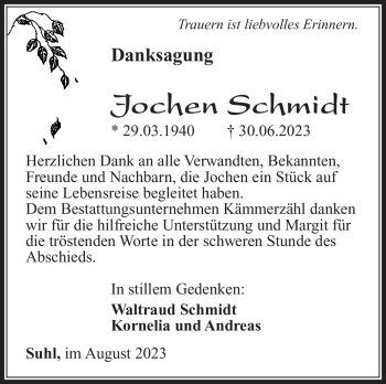 Traueranzeige von Jochen Schmidt von Südthüringer Presse